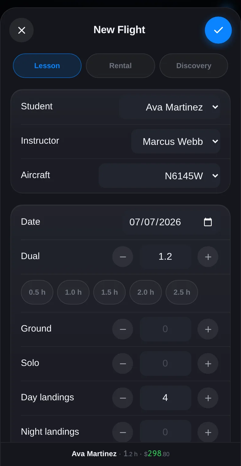 The log-flight sheet on an iPhone with time, Hobbs, and landing fields.