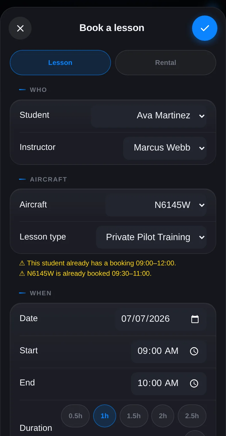 The booking composer on an iPhone with student, instructor, aircraft, and time fields.